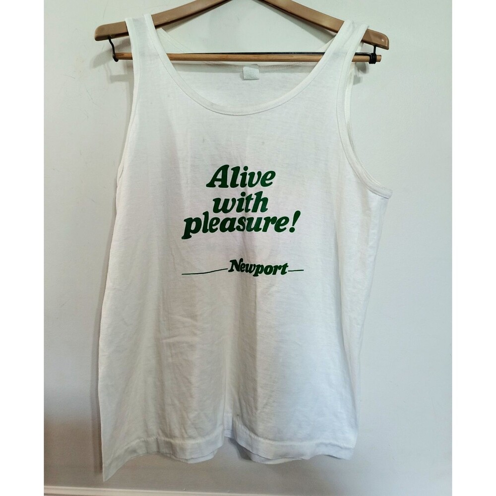 Newport "Alive with pleasure!" White/Green Graphic Logo Tank Top L vintage 90s